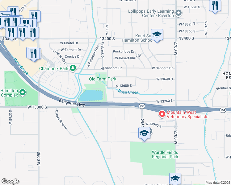 map of restaurants, bars, coffee shops, grocery stores, and more near 13691 South 3160 West in Riverton
