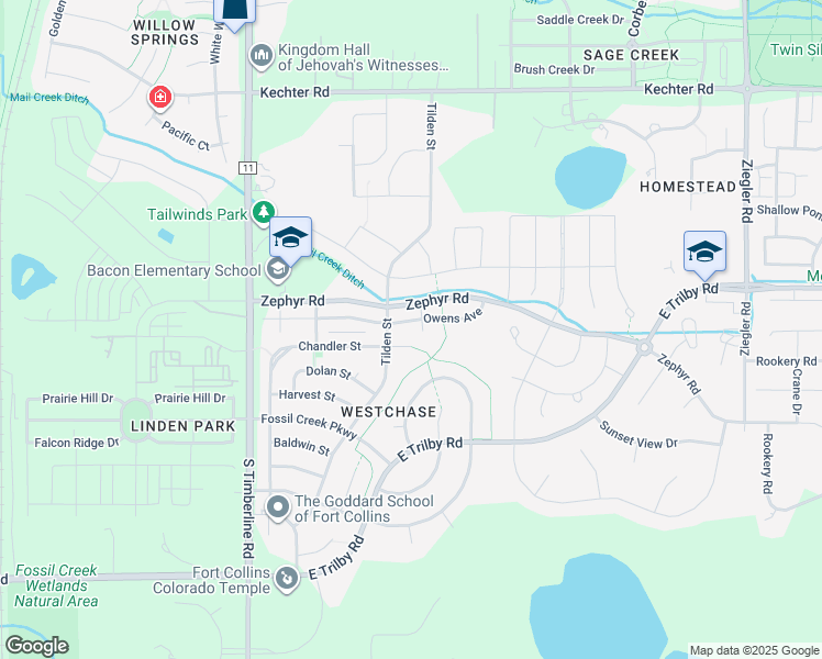 map of restaurants, bars, coffee shops, grocery stores, and more near 2424 Chandler Court in Fort Collins