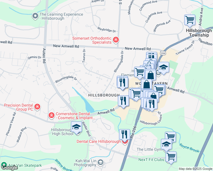 map of restaurants, bars, coffee shops, grocery stores, and more near 24 Bloomingdale Drive in Hillsborough Township