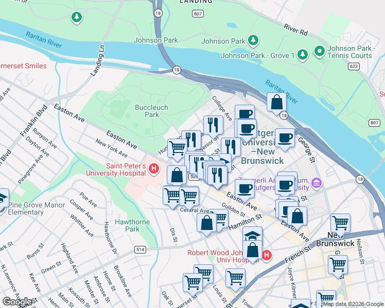 map of restaurants, bars, coffee shops, grocery stores, and more near 64 Wyckoff Street in New Brunswick