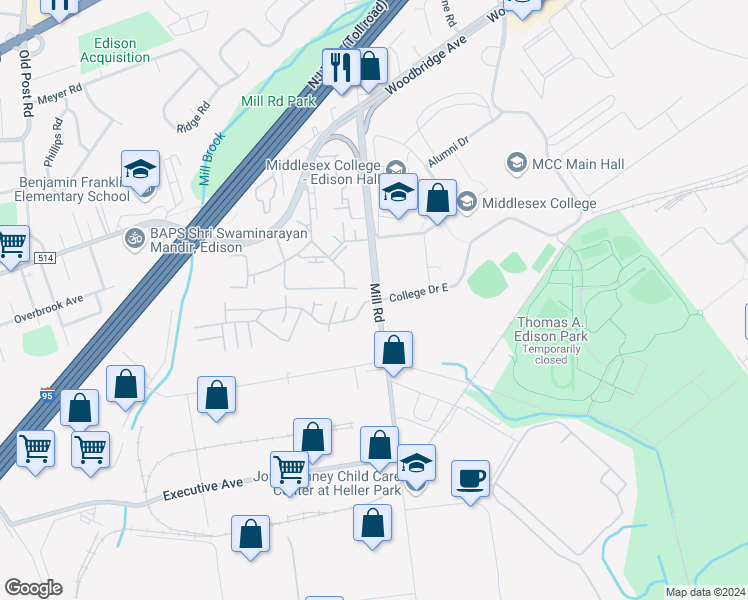 map of restaurants, bars, coffee shops, grocery stores, and more near 418 College Drive in Edison