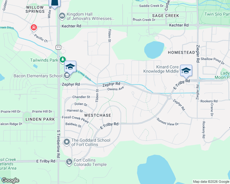 map of restaurants, bars, coffee shops, grocery stores, and more near 6108 Westchase Road in Fort Collins