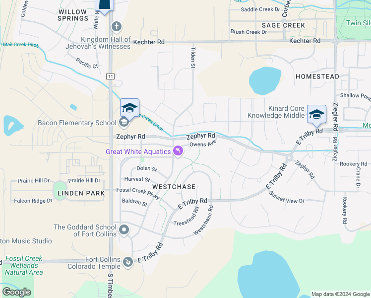 map of restaurants, bars, coffee shops, grocery stores, and more near 2424 Chandler Court in Fort Collins