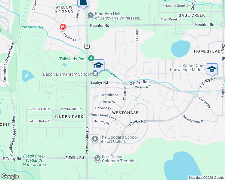 map of restaurants, bars, coffee shops, grocery stores, and more near 2215 Chandler Street in Fort Collins