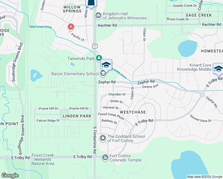 map of restaurants, bars, coffee shops, grocery stores, and more near 2151 Chandler Street in Fort Collins