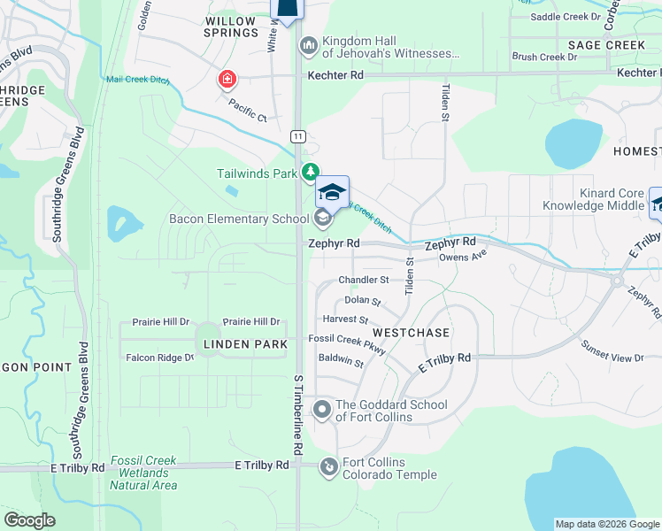map of restaurants, bars, coffee shops, grocery stores, and more near 2151 Chandler Street in Fort Collins