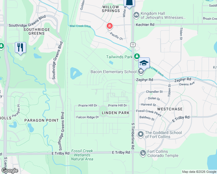 map of restaurants, bars, coffee shops, grocery stores, and more near 6111 South Timberline Road in Fort Collins