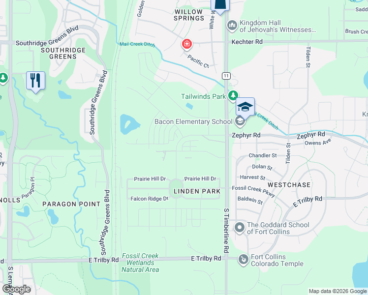 map of restaurants, bars, coffee shops, grocery stores, and more near 6111 South Timberline Road in Fort Collins
