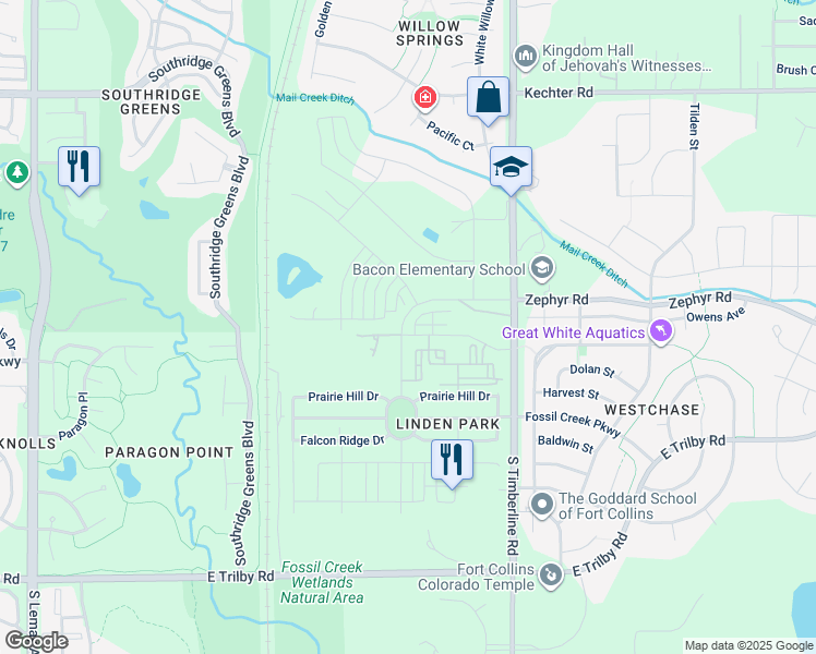 map of restaurants, bars, coffee shops, grocery stores, and more near 6111 South Timberline Road in Fort Collins