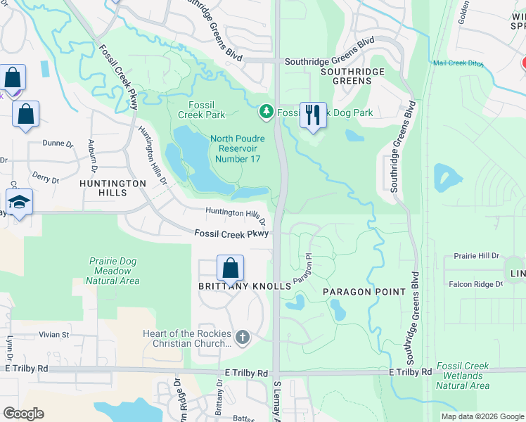 map of restaurants, bars, coffee shops, grocery stores, and more near 1030 Huntington Hills Drive in Fort Collins