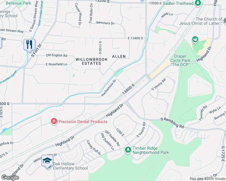 map of restaurants, bars, coffee shops, grocery stores, and more near 13757 Wingfield Circle in Draper