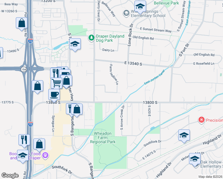 map of restaurants, bars, coffee shops, grocery stores, and more near 416 Brown Farm Lane in Draper