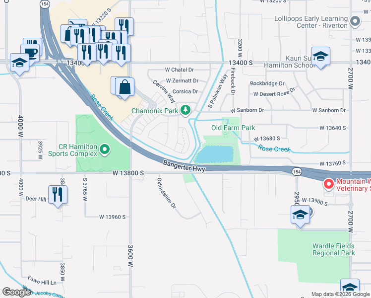 map of restaurants, bars, coffee shops, grocery stores, and more near 3399 West Mount Cortina Way in Riverton