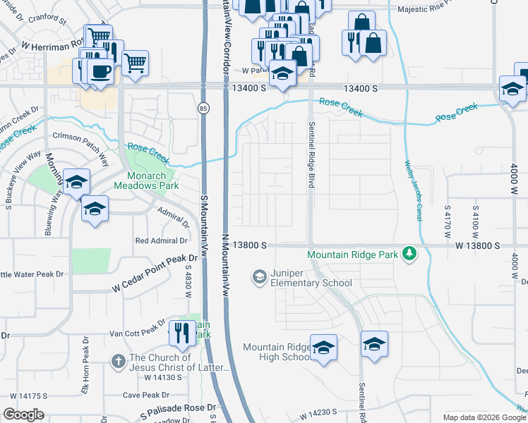 map of restaurants, bars, coffee shops, grocery stores, and more near Mountain View Corridor in Riverton