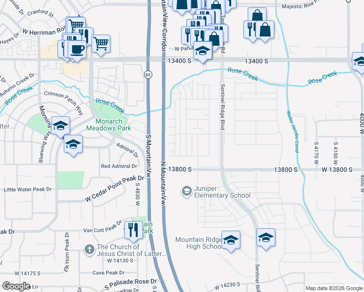map of restaurants, bars, coffee shops, grocery stores, and more near Mountain View Corridor in Riverton