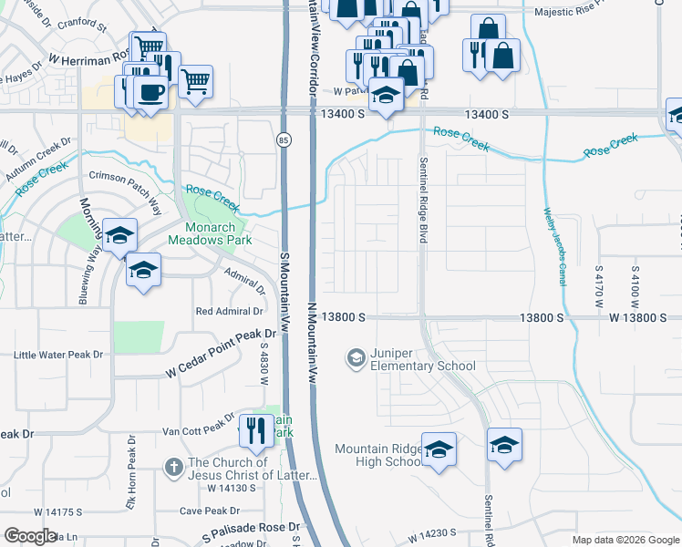 map of restaurants, bars, coffee shops, grocery stores, and more near Mountain View Corridor in Riverton