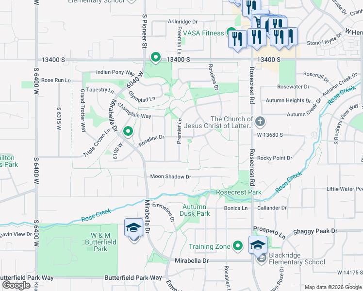 map of restaurants, bars, coffee shops, grocery stores, and more near 13757 Premier Lane in Herriman