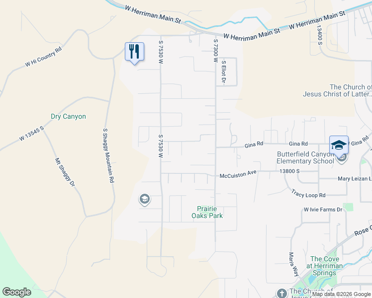 map of restaurants, bars, coffee shops, grocery stores, and more near 13742 Bronco Hills Circle in Herriman
