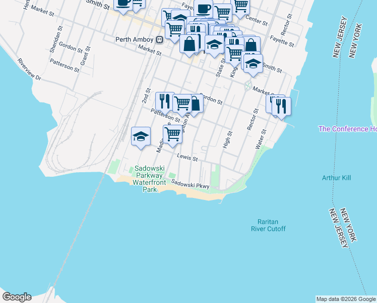 map of restaurants, bars, coffee shops, grocery stores, and more near 117 Lewis Street in Perth Amboy