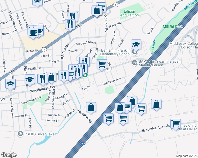 map of restaurants, bars, coffee shops, grocery stores, and more near 7 Overbrook Avenue in Edison