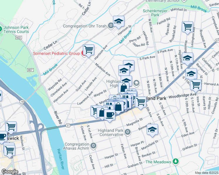 map of restaurants, bars, coffee shops, grocery stores, and more near 242 Wayne Street in Highland Park