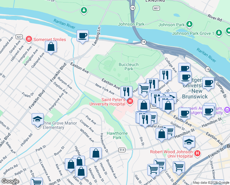 map of restaurants, bars, coffee shops, grocery stores, and more near 5 Jefferson Avenue in New Brunswick