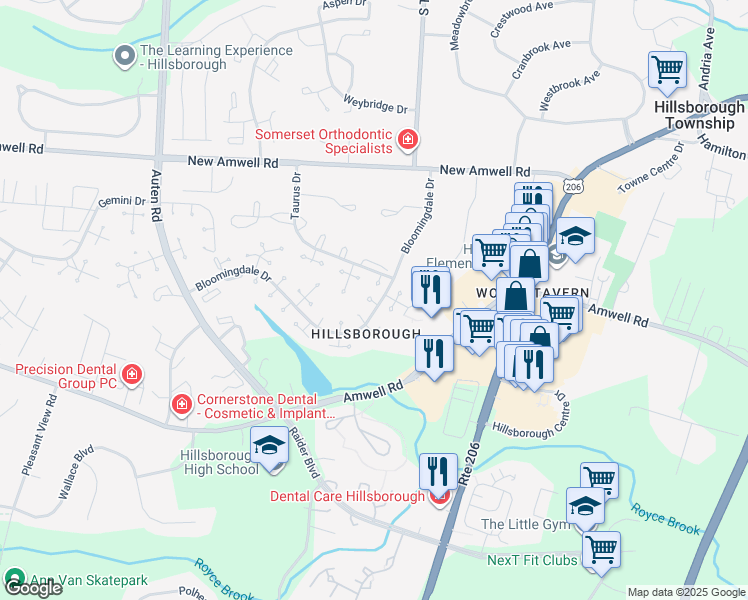 map of restaurants, bars, coffee shops, grocery stores, and more near in Hillsborough Township