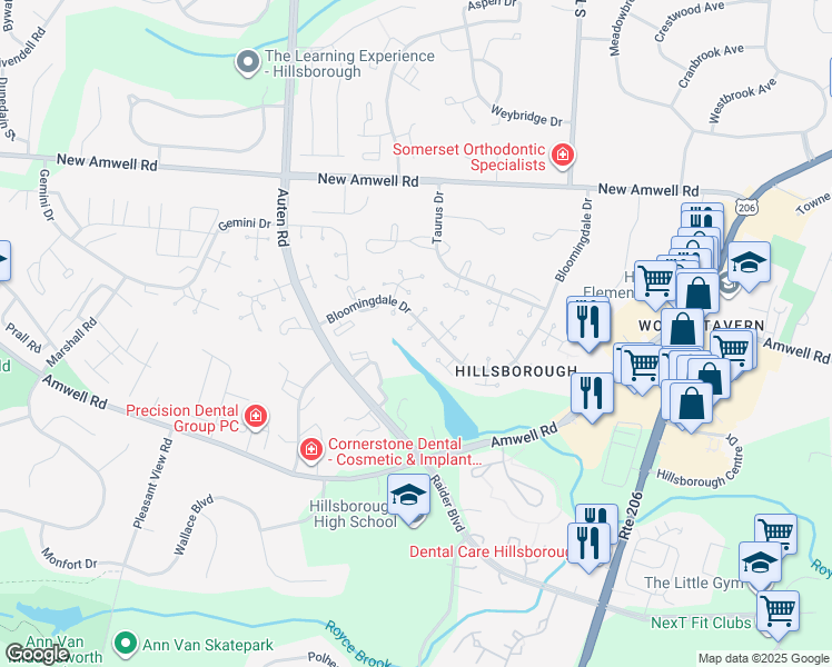 map of restaurants, bars, coffee shops, grocery stores, and more near 3724 Bloomingdale Drive in Hillsborough Township