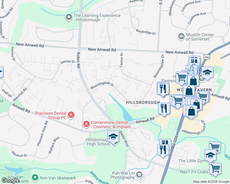 map of restaurants, bars, coffee shops, grocery stores, and more near 3724 Bloomingdale Drive in Hillsborough Township