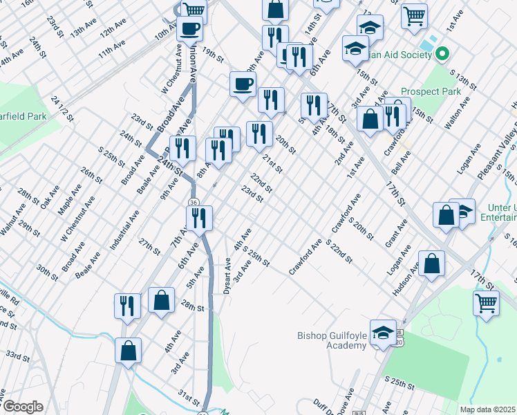 map of restaurants, bars, coffee shops, grocery stores, and more near 400-10 24th Street in Altoona
