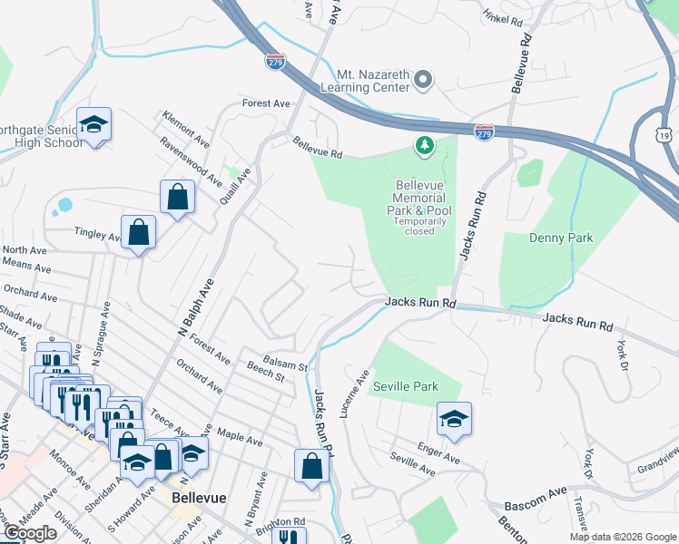 map of restaurants, bars, coffee shops, grocery stores, and more near 101 Pinewood Court in Pittsburgh