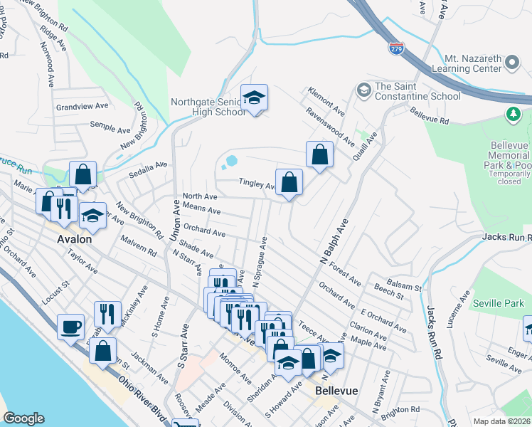 map of restaurants, bars, coffee shops, grocery stores, and more near 183 North Sprague Avenue in Pittsburgh