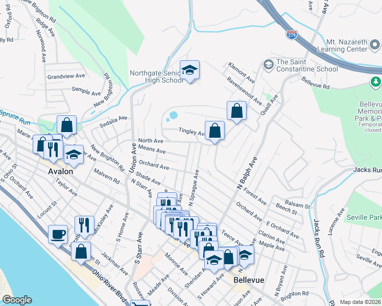 map of restaurants, bars, coffee shops, grocery stores, and more near 183 North Sprague Avenue in Pittsburgh