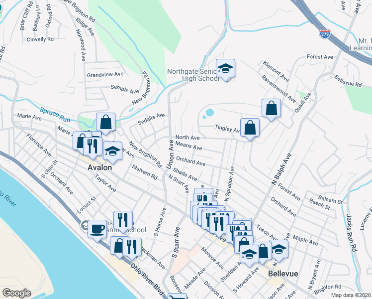 map of restaurants, bars, coffee shops, grocery stores, and more near 696 Orchard Avenue in Bellevue