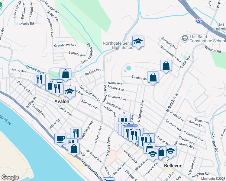 map of restaurants, bars, coffee shops, grocery stores, and more near 735 Orchard Avenue in Pittsburgh