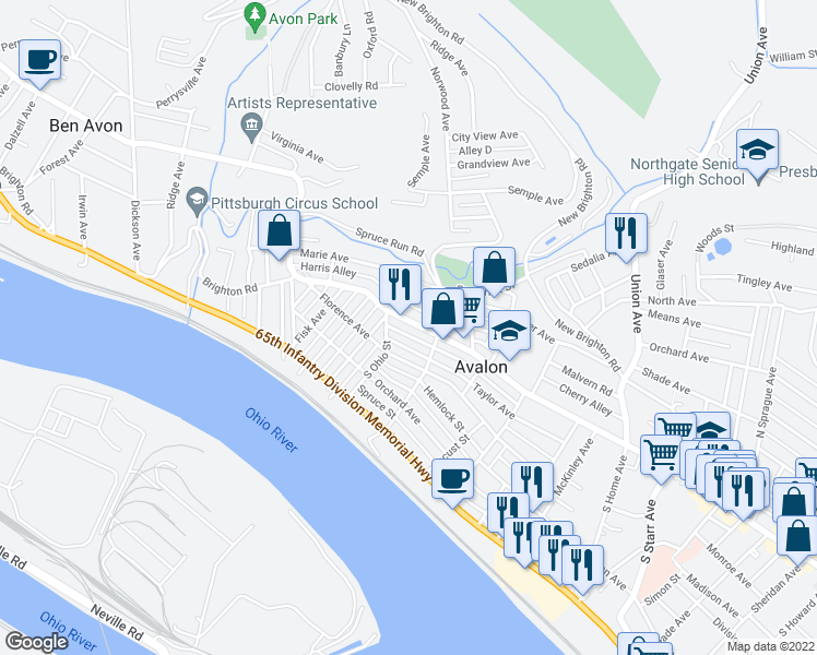 map of restaurants, bars, coffee shops, grocery stores, and more near 529 Taylor Avenue in Pittsburgh