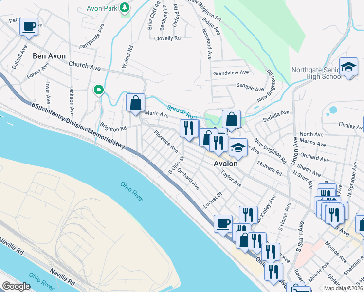 map of restaurants, bars, coffee shops, grocery stores, and more near 301 Ohio Street in Avalon
