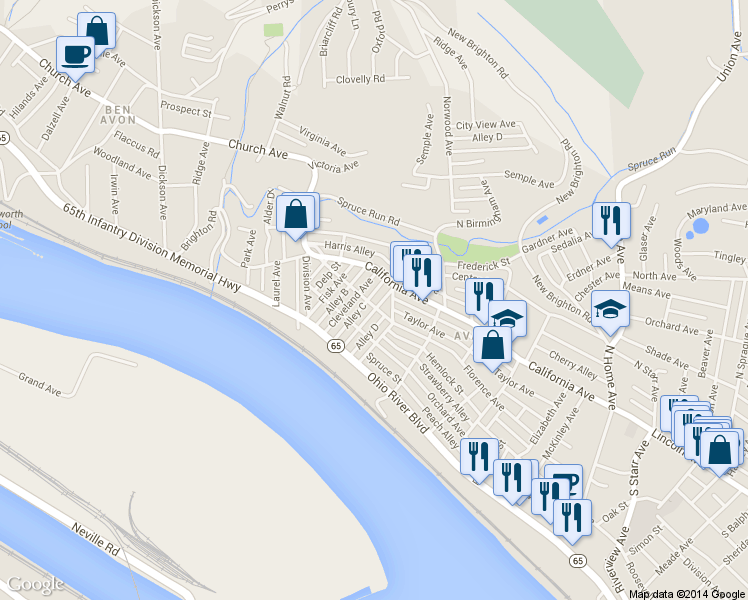 map of restaurants, bars, coffee shops, grocery stores, and more near 301 Ohio Street in Avalon