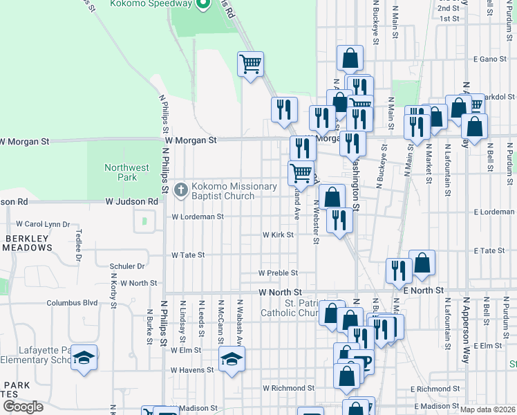 map of restaurants, bars, coffee shops, grocery stores, and more near 823 West Lordeman Street in Kokomo