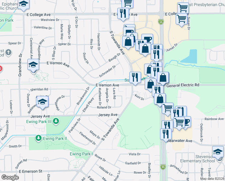 map of restaurants, bars, coffee shops, grocery stores, and more near 711 Lara Road in Normal