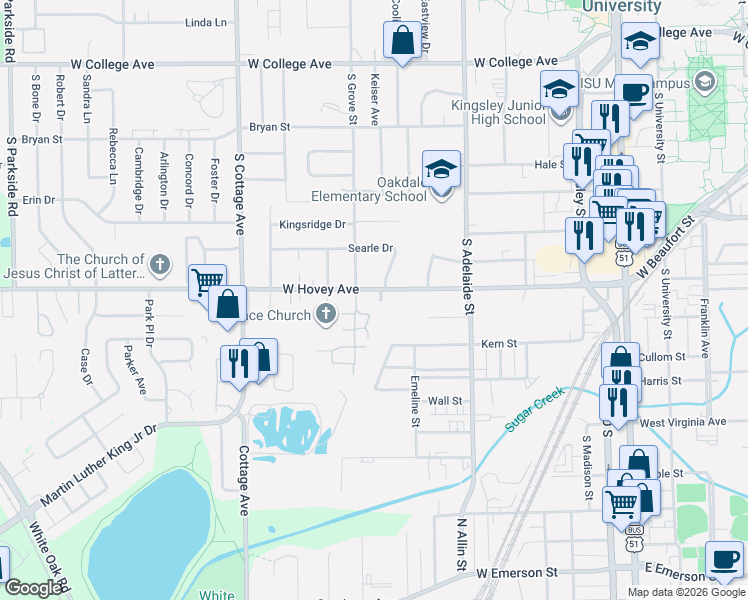 map of restaurants, bars, coffee shops, grocery stores, and more near 1227 West Hovey Avenue in Normal