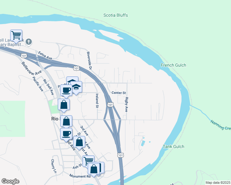 map of restaurants, bars, coffee shops, grocery stores, and more near 221 Center Street in Rio Dell