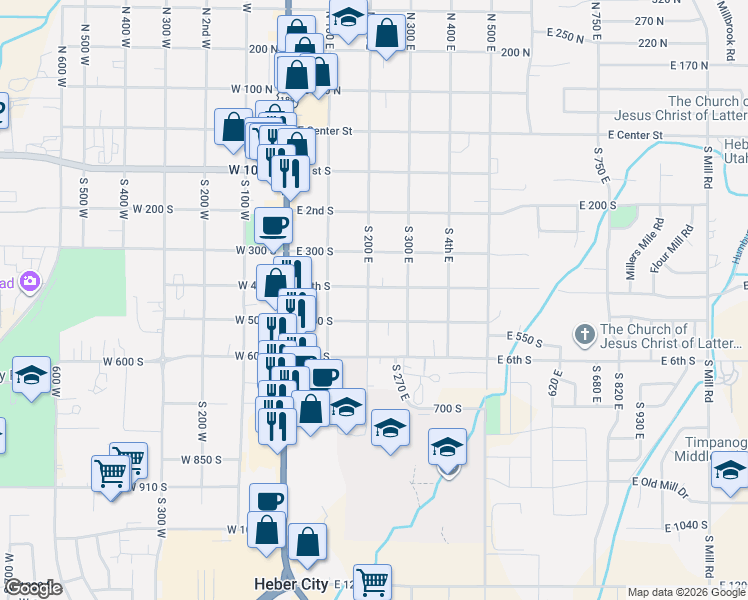 map of restaurants, bars, coffee shops, grocery stores, and more near 451 South 200 East in Heber City