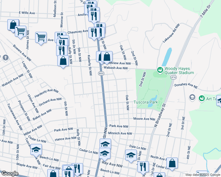 map of restaurants, bars, coffee shops, grocery stores, and more near 835 4th Street Northwest in New Philadelphia