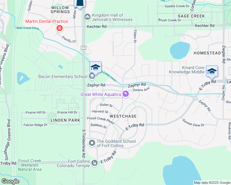 map of restaurants, bars, coffee shops, grocery stores, and more near 2303 Owens Avenue in Fort Collins