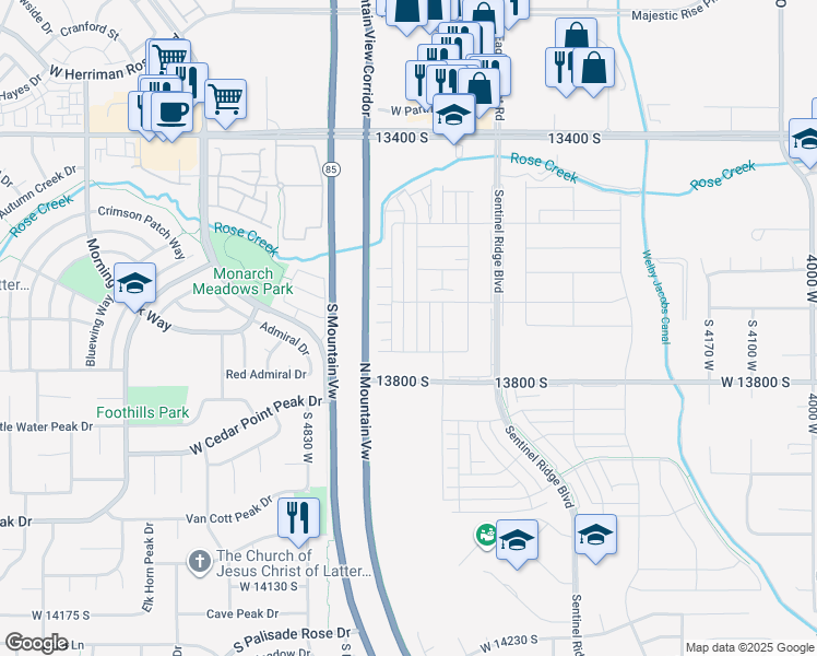 map of restaurants, bars, coffee shops, grocery stores, and more near 13713 South Hanley Lane in Riverton