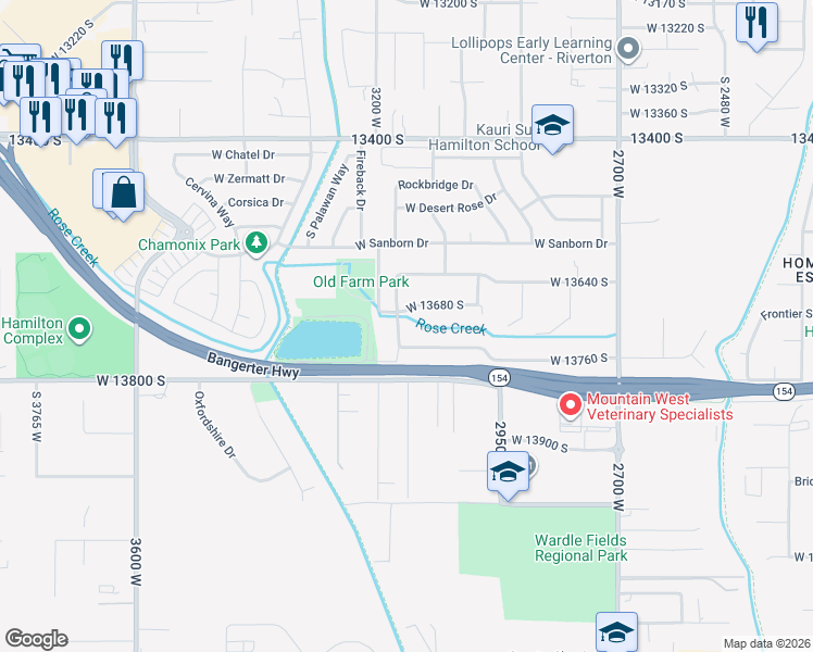 map of restaurants, bars, coffee shops, grocery stores, and more near 13691 South 3160 West in Riverton