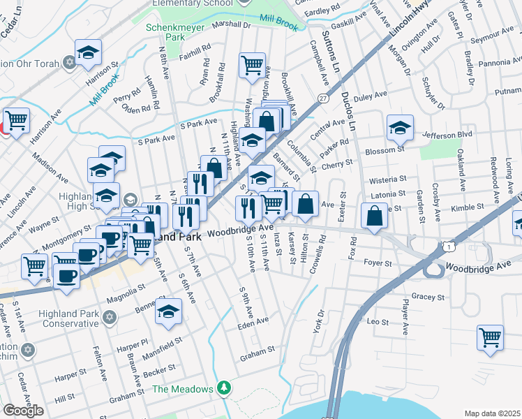 map of restaurants, bars, coffee shops, grocery stores, and more near 121 South 11th Avenue in Highland Park