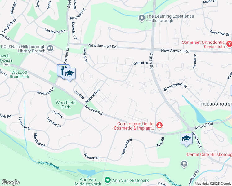 map of restaurants, bars, coffee shops, grocery stores, and more near 897 Merritt Drive in Hillsborough Township