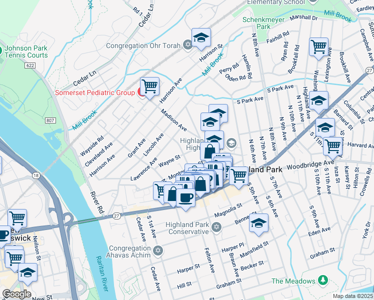map of restaurants, bars, coffee shops, grocery stores, and more near 242 Wayne Street in Highland Park